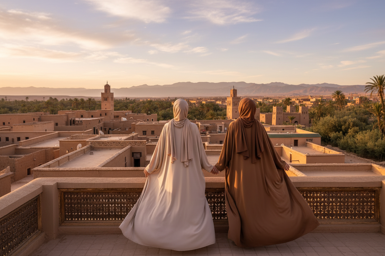 two women from the back one wearing a plain beige hijab and abaya, the other plain brown hijab and abaya with morocco in the background